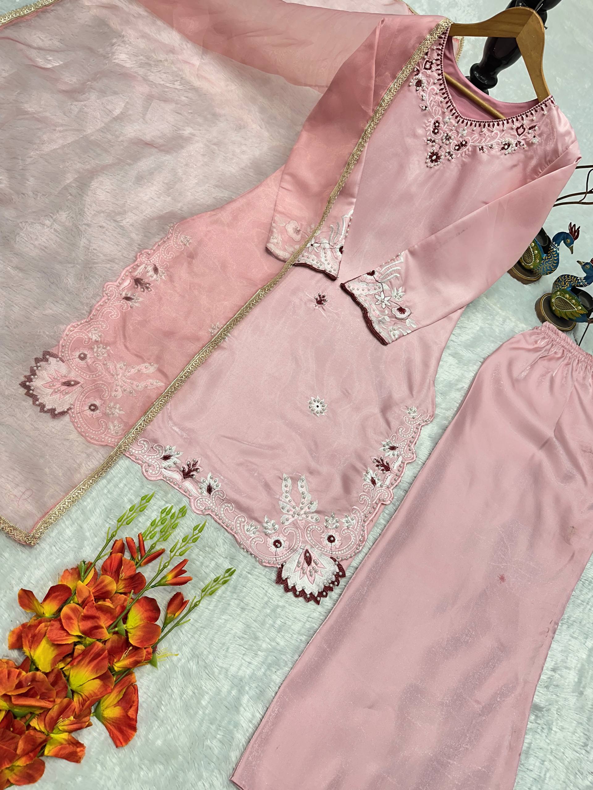 Bespoke Peach Satin Ensemble